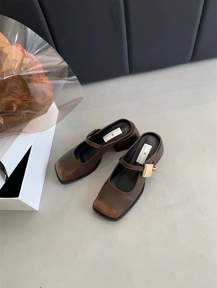 Chunky Heel Mules Square Toe