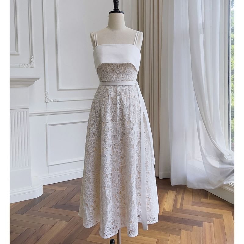 Gown Evening Paneled Spaghetti Strap Lace A-Line