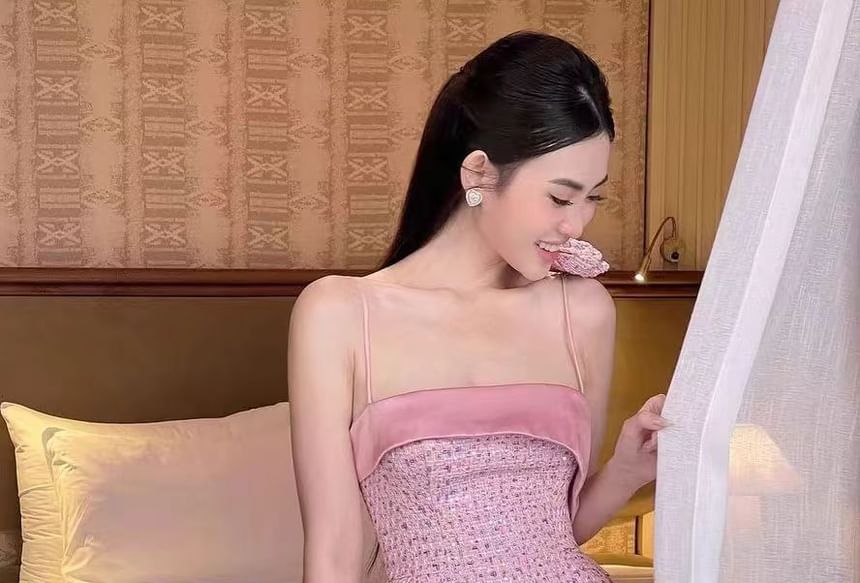 Spaghetti Gown Strap Tweed Evening A-Line