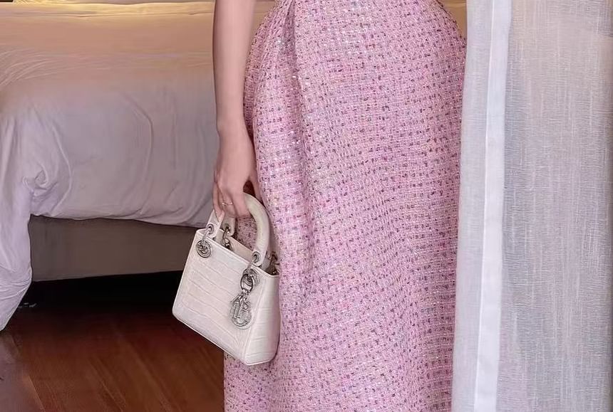 Spaghetti Gown Strap Tweed Evening A-Line