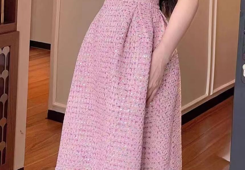 Spaghetti Gown Strap Tweed Evening A-Line