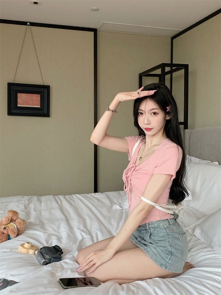 Short-Sleeve Plain T-Shirt Drawstring