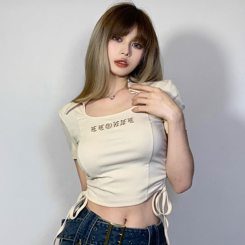 Embroidered Short-Sleeve Cropped Letter Drawstring T-Shirt