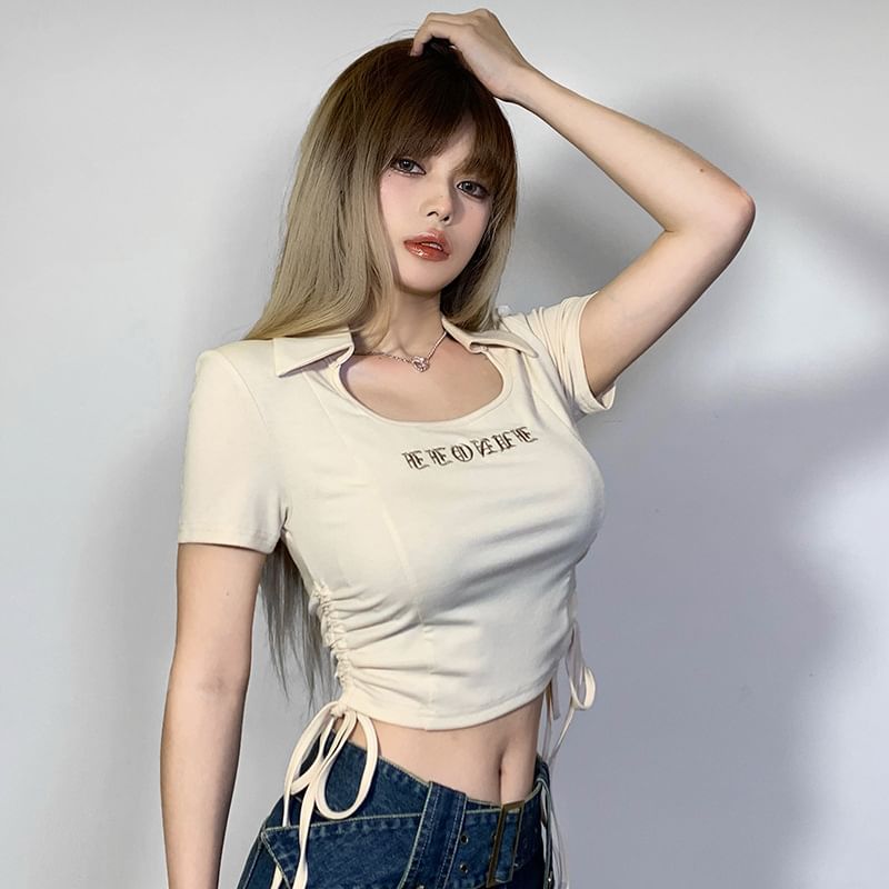 Embroidered Short-Sleeve Cropped Letter Drawstring T-Shirt