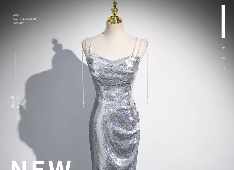 Evening Gown Sequin Mermaid Strap Spaghetti