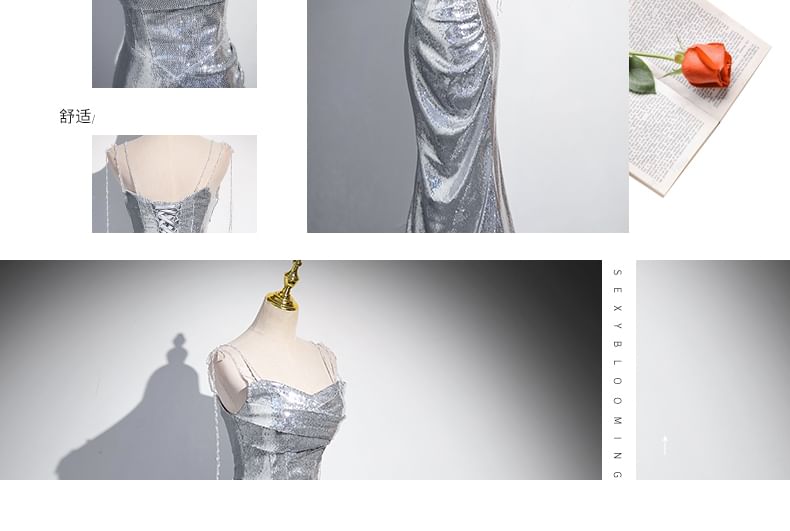 Evening Gown Sequin Mermaid Strap Spaghetti
