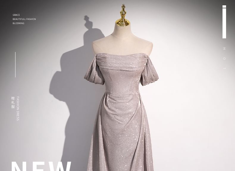 Off-Shoulder A-Line Gown Evening Glitter
