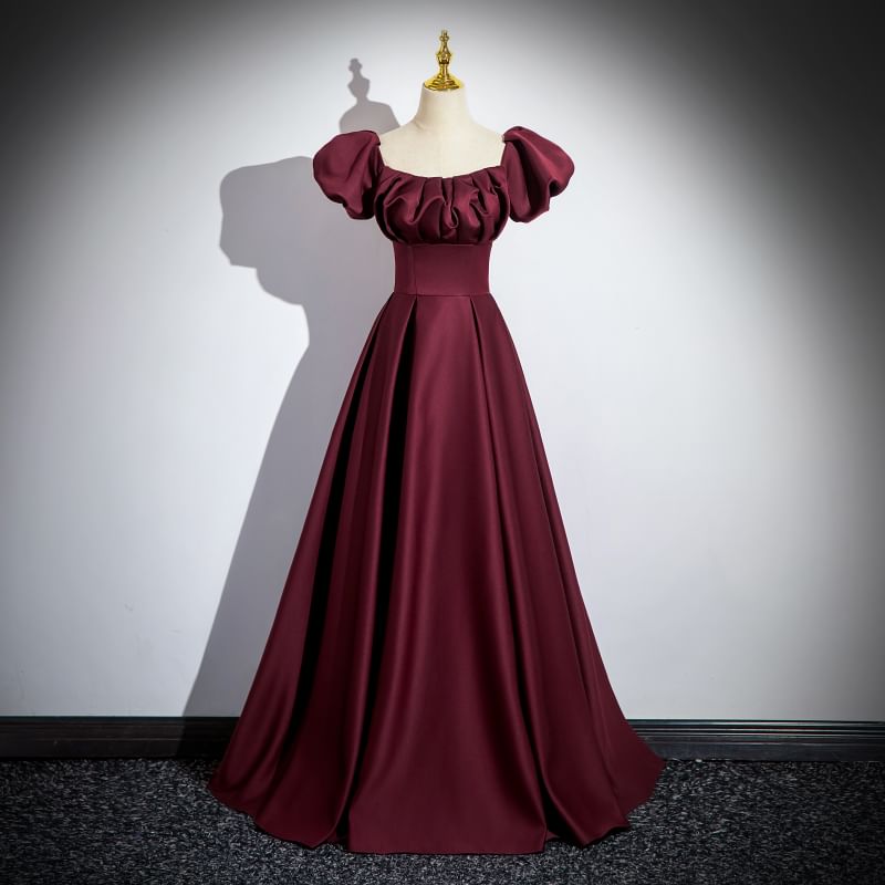 Plain Gown Off-Shoulder Evening Puff-Sleeve