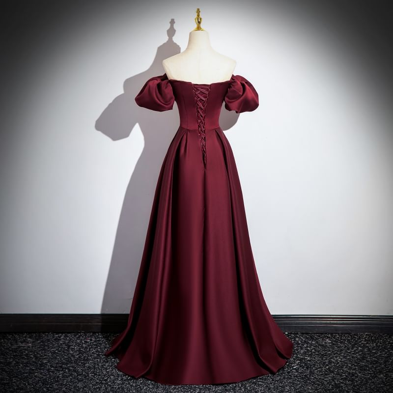 Plain Gown Off-Shoulder Evening Puff-Sleeve