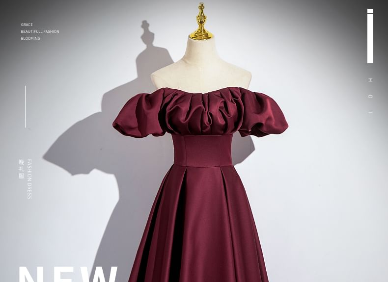 Plain Gown Off-Shoulder Evening Puff-Sleeve