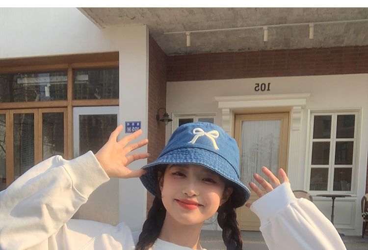 Denim Bucket Embroidered Bow Hat