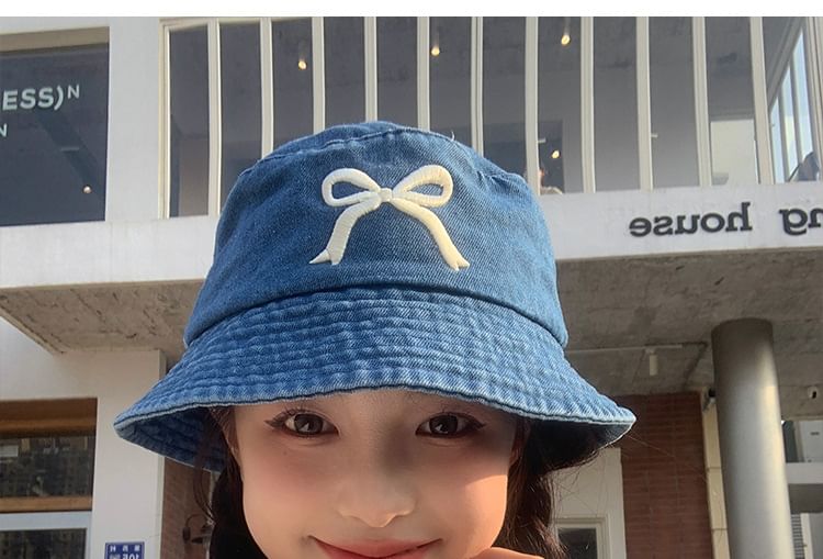 Denim Bucket Embroidered Bow Hat