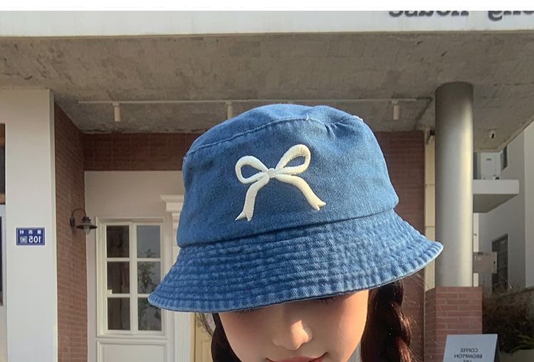 Denim Bucket Embroidered Bow Hat