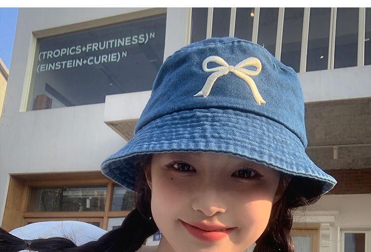 Denim Bucket Embroidered Bow Hat