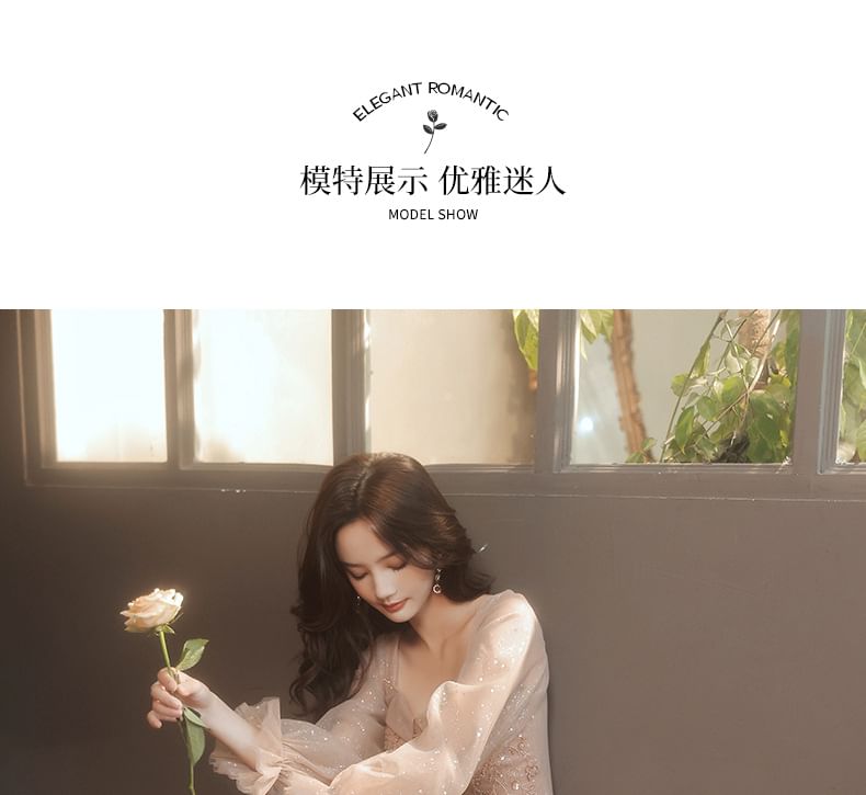 Evening V-Neck / Mesh Puff-Sleeve Gown Sequin Dress A-Line