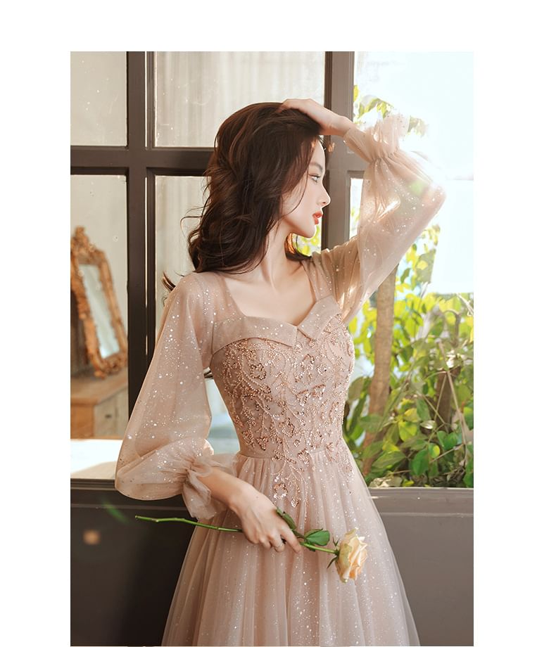 Evening V-Neck / Mesh Puff-Sleeve Gown Sequin Dress A-Line