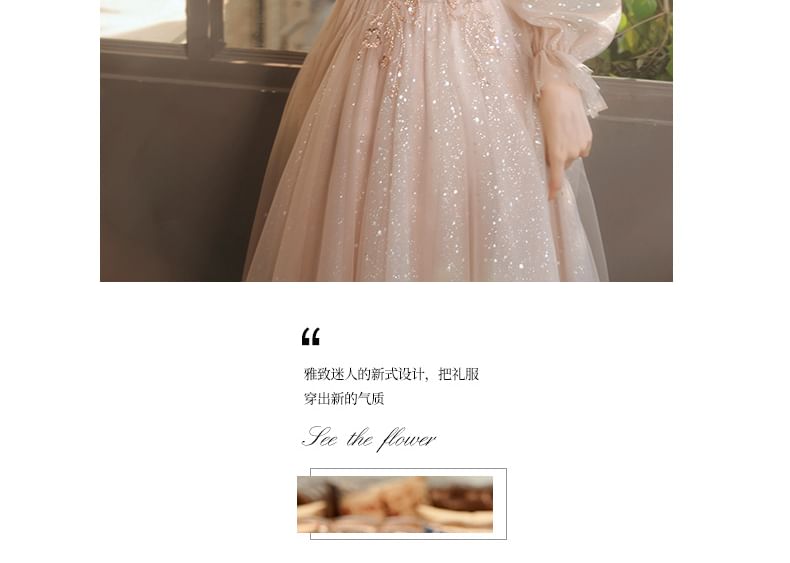 Evening V-Neck / Mesh Puff-Sleeve Gown Sequin Dress A-Line