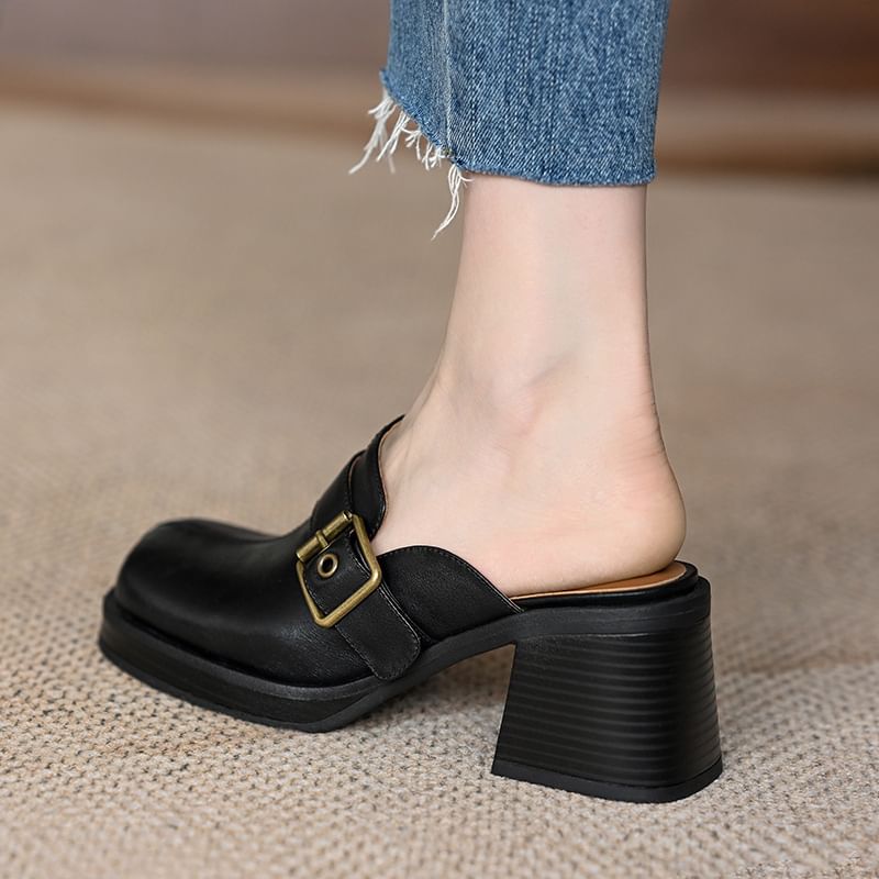Block Heel Mules Buckled