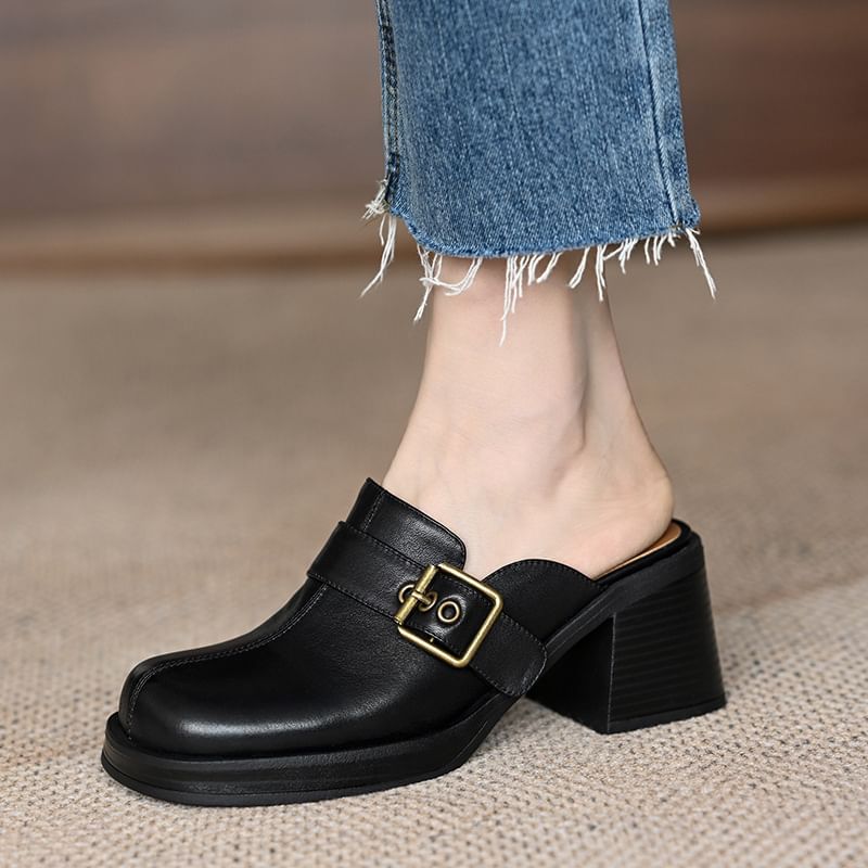 Block Heel Mules Buckled