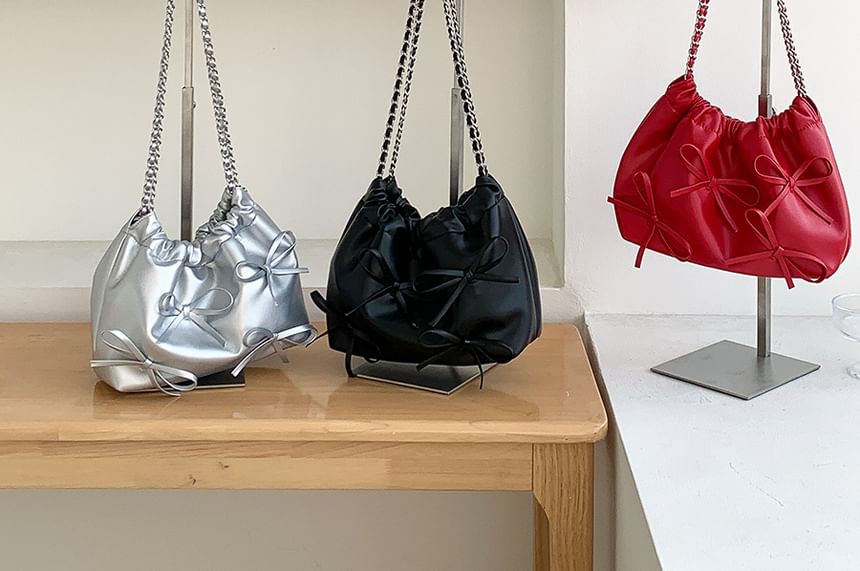 Chain Shoulder Faux Bow Bag Leather Strap
