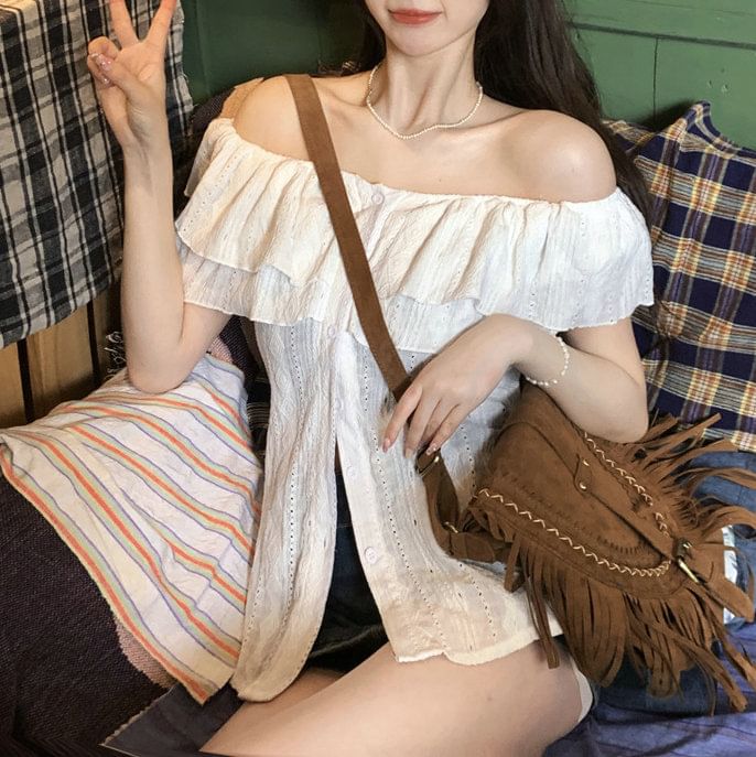 Short-Sleeve Off Plain Shoulder Ruffle Blouse