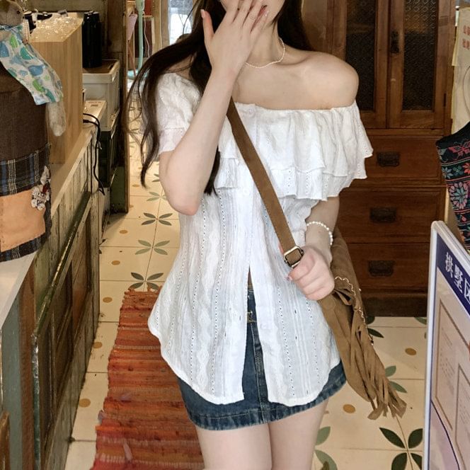 Short-Sleeve Off Plain Shoulder Ruffle Blouse