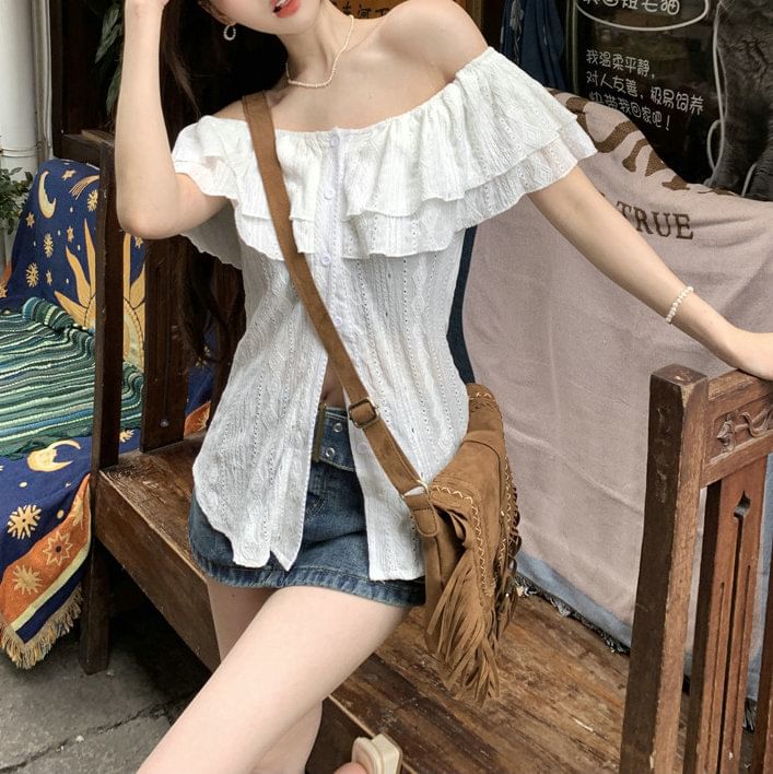 Short-Sleeve Off Plain Shoulder Ruffle Blouse