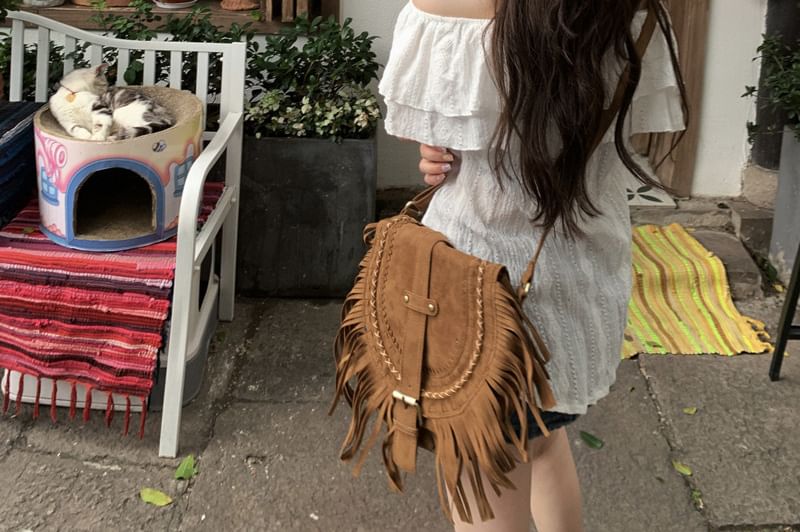 Short-Sleeve Off Plain Shoulder Ruffle Blouse