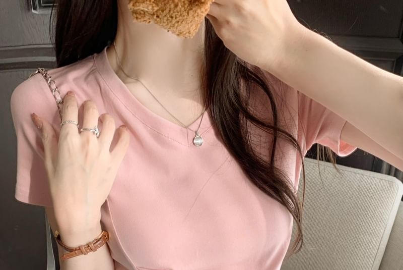 Plain V-Neck Ruched T-Shirt Short-Sleeve Asymmetrical