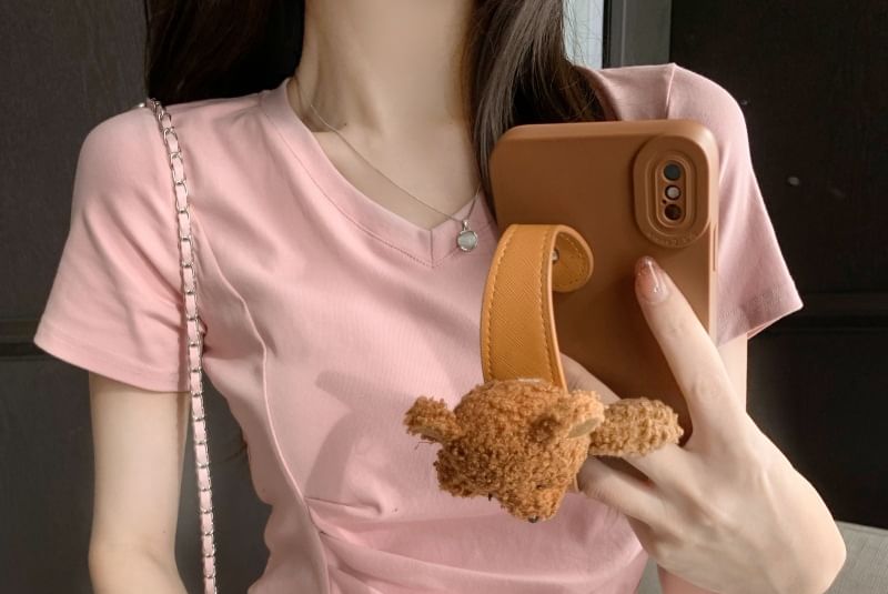 Plain V-Neck Ruched T-Shirt Short-Sleeve Asymmetrical