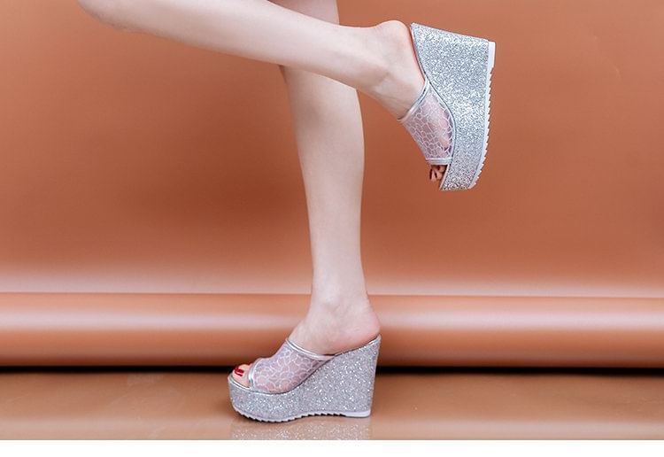 Glitter Wedge Slide Sandals Plain