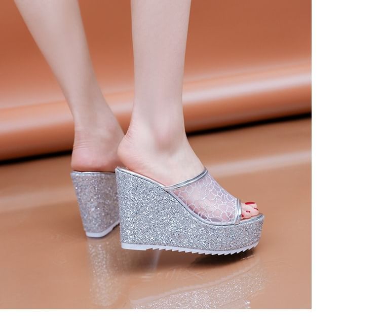 Glitter Wedge Slide Sandals Plain
