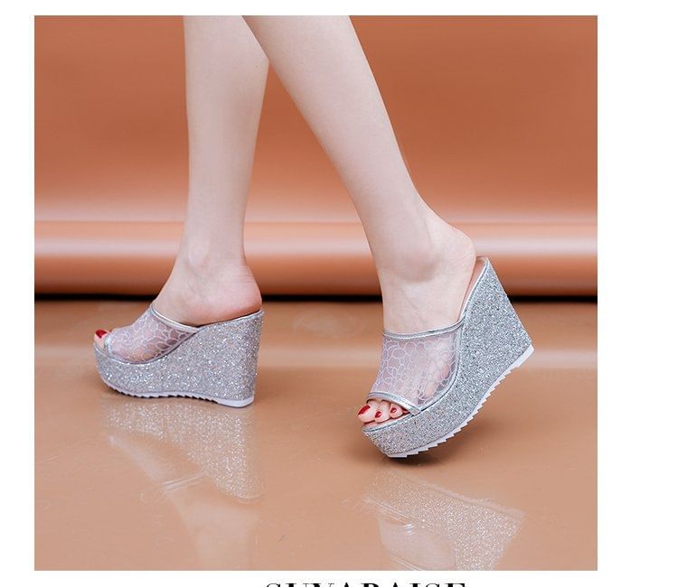 Glitter Wedge Slide Sandals Plain