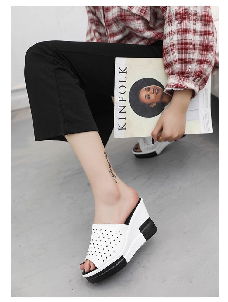 Sandals Slide Wedge Pointelle Plain