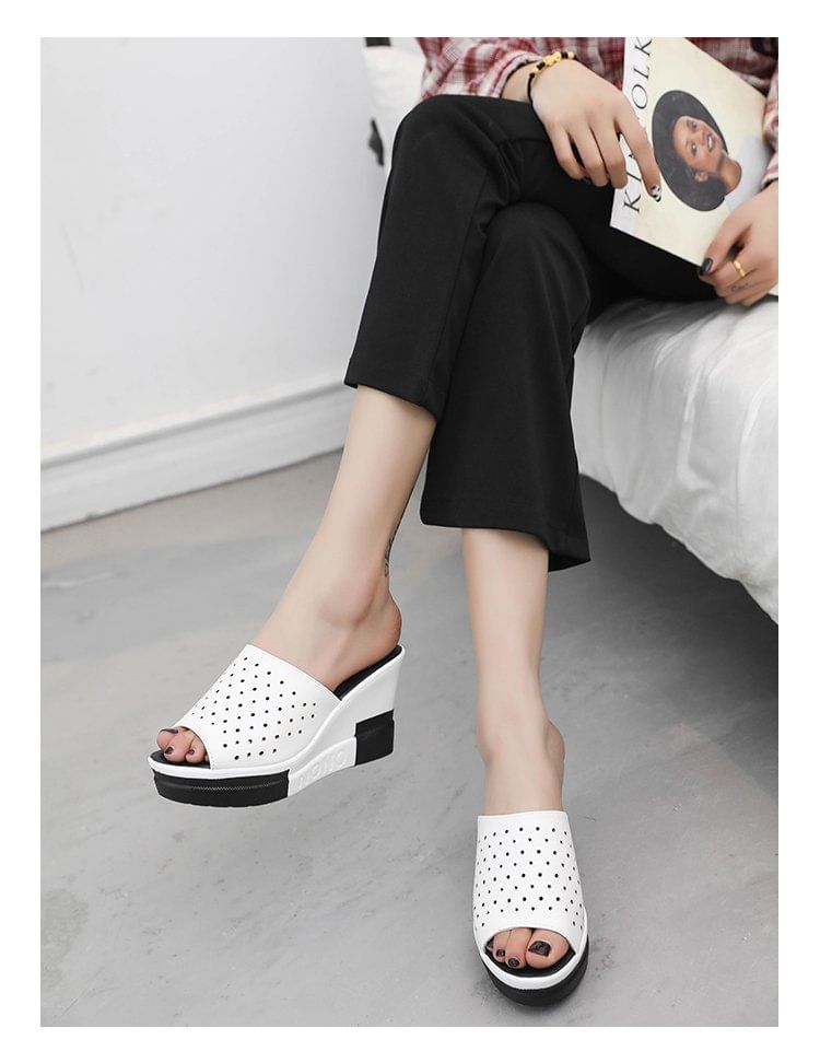 Sandals Slide Wedge Pointelle Plain