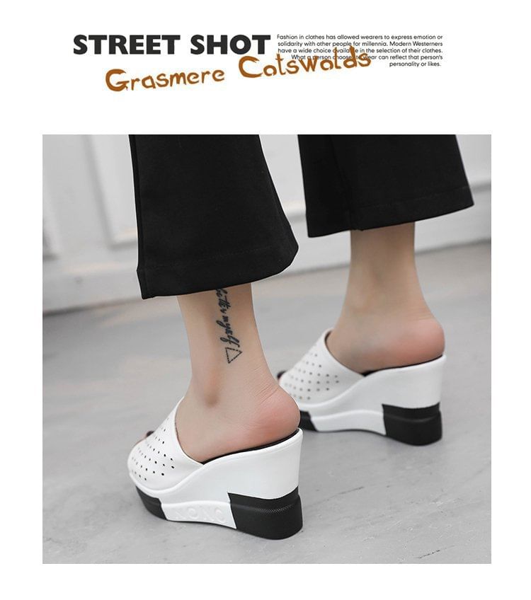 Sandals Slide Wedge Pointelle Plain