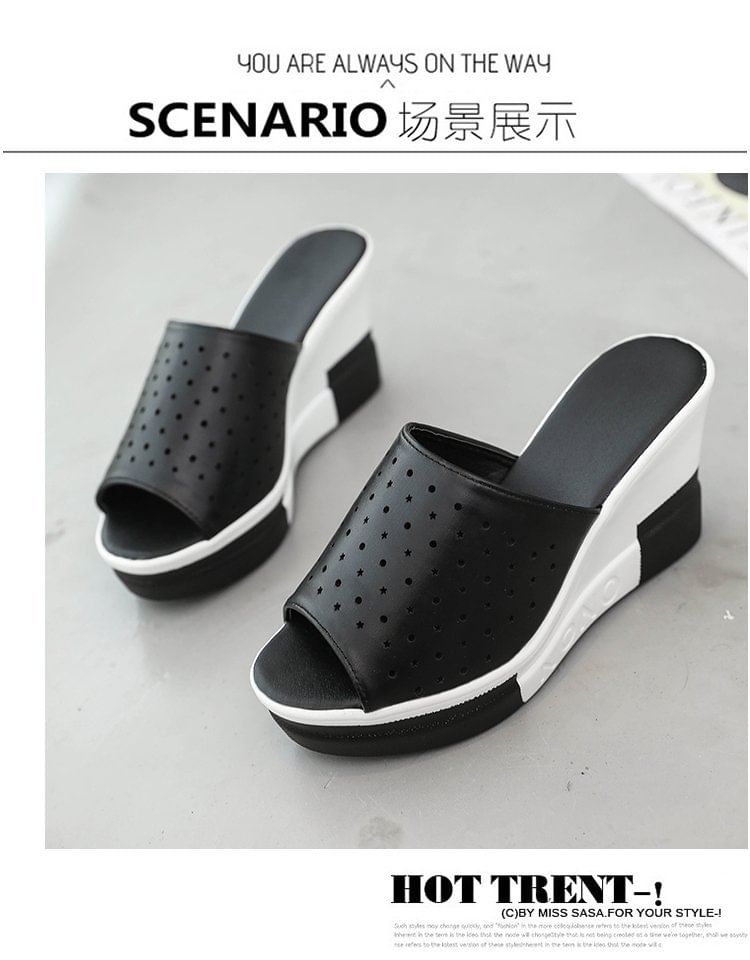 Sandals Slide Wedge Pointelle Plain