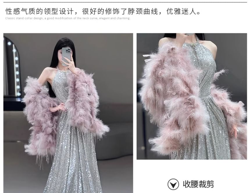 Fluffy / A-Line Halter-Neck Cape Evening Sequined Gown Set Shirred