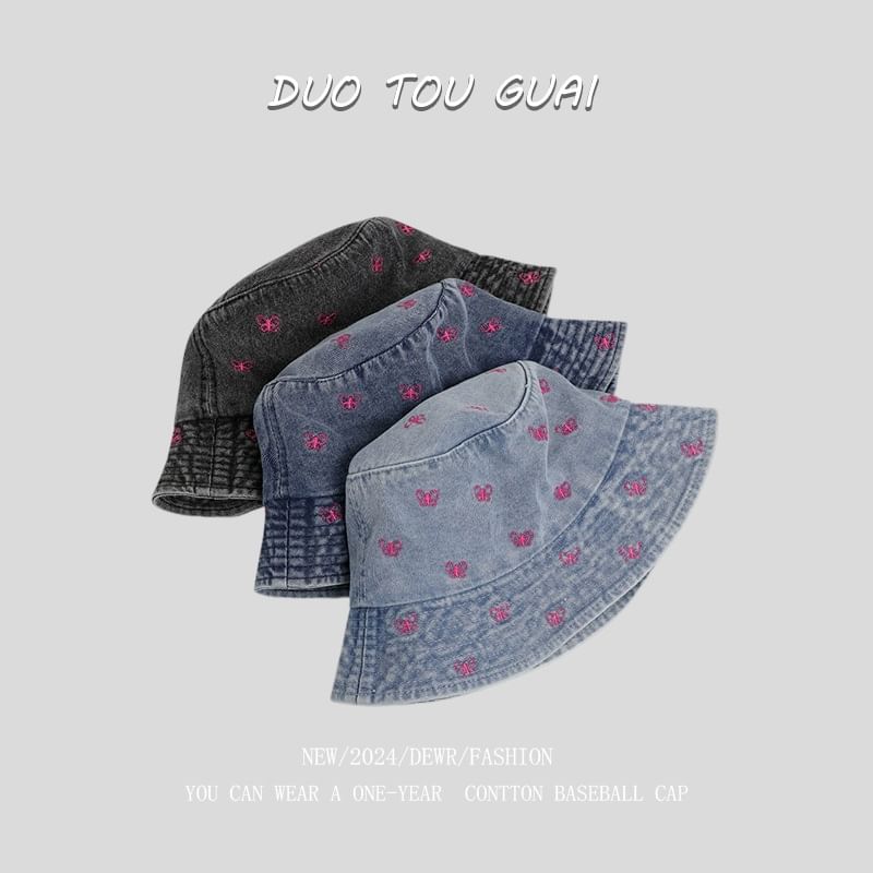 Hat Washed Bow Denim Bucket Embroidered