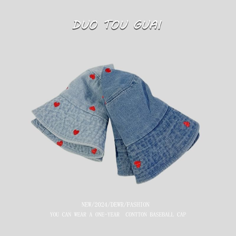 Embroidered Hat Washed Heart Bucket Denim