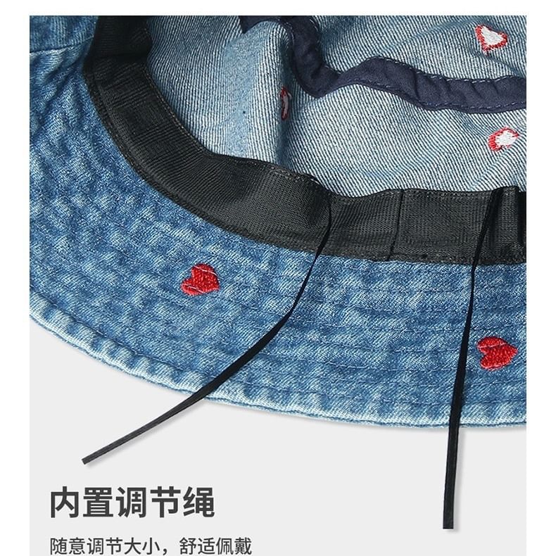 Embroidered Hat Washed Heart Bucket Denim