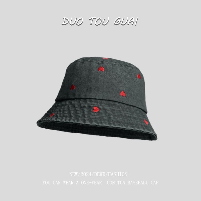 Embroidered Hat Washed Heart Bucket Denim