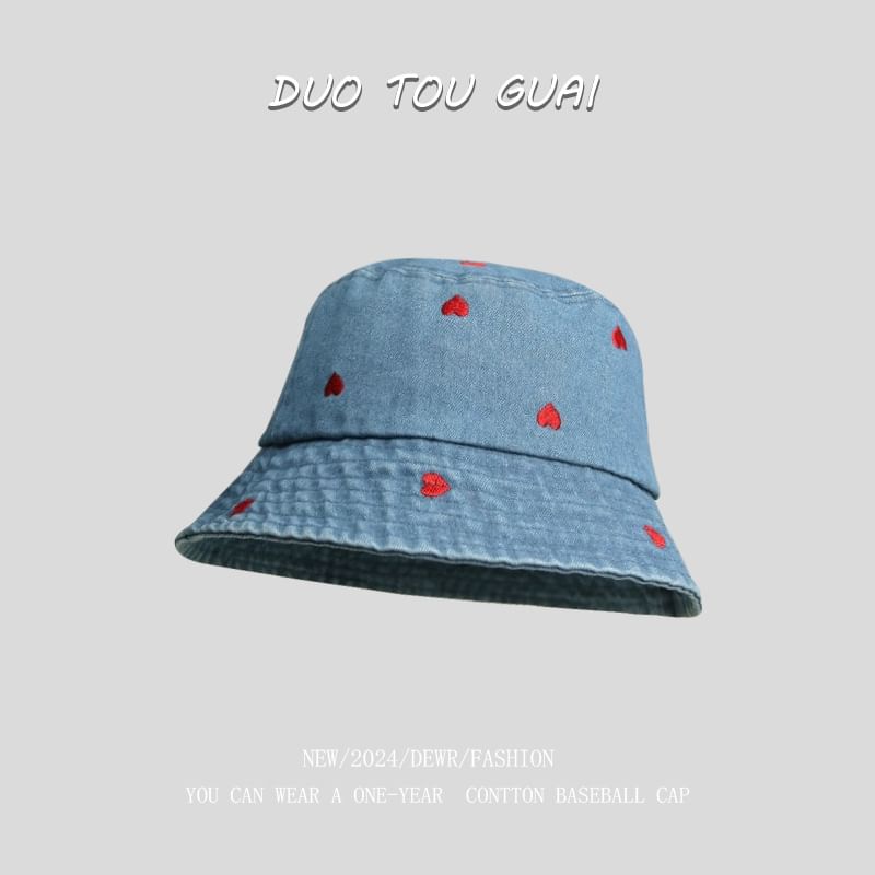 Embroidered Hat Washed Heart Bucket Denim