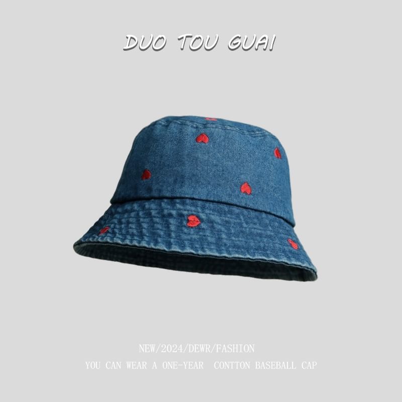 Embroidered Hat Washed Heart Bucket Denim