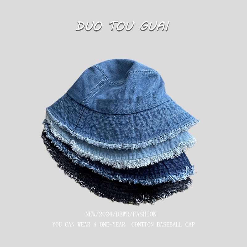 Hat Denim Bucket Frayed Washed