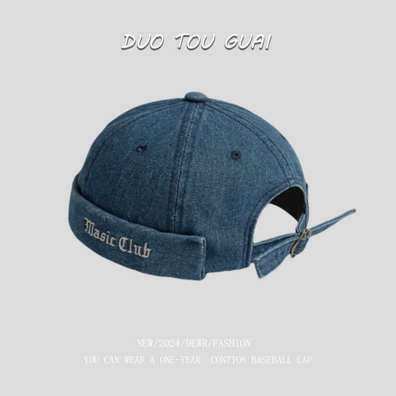 Denim Embroidered Washed Lettering Hat Brimless