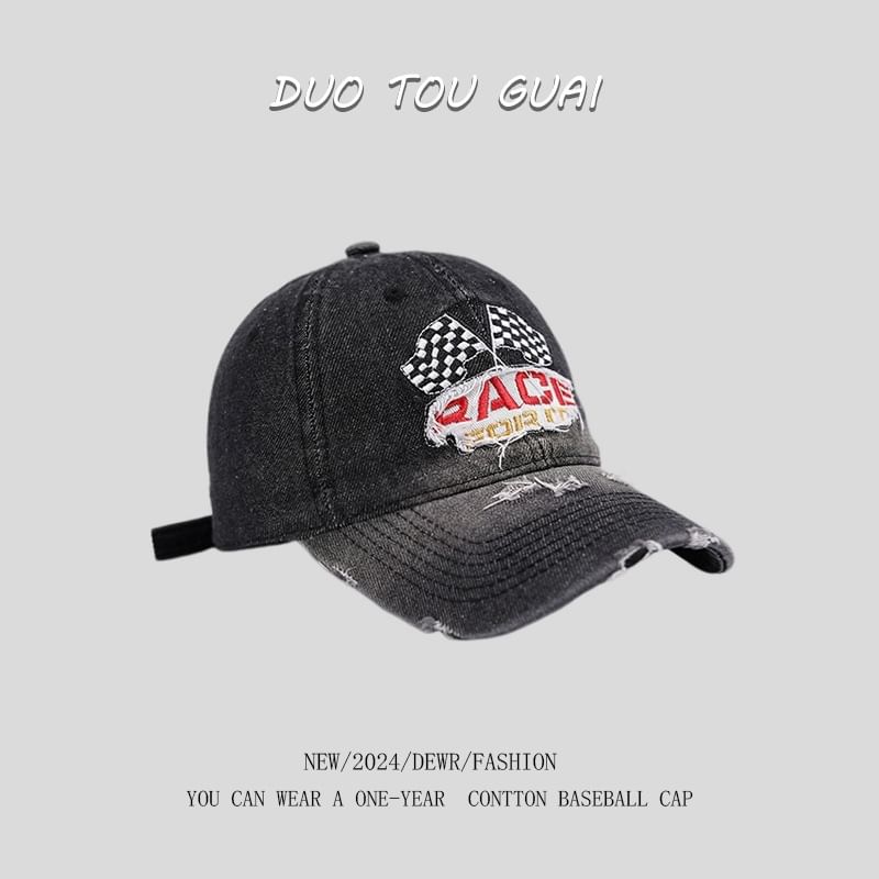 Denim Lettering Cap Distressed Embroidered Washed Baseball