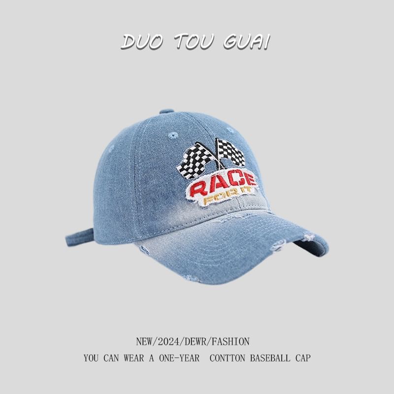 Denim Lettering Cap Distressed Embroidered Washed Baseball