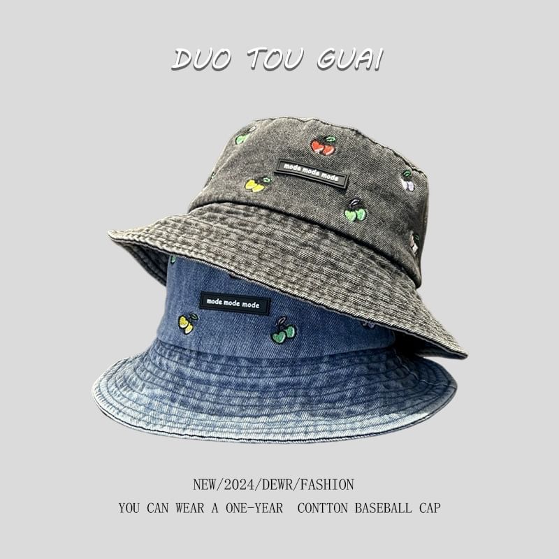 Washed Denim Embroidered Bucket Cherry Hat