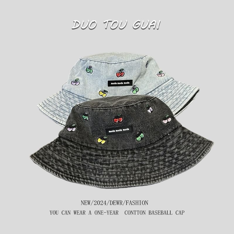 Washed Denim Embroidered Bucket Cherry Hat